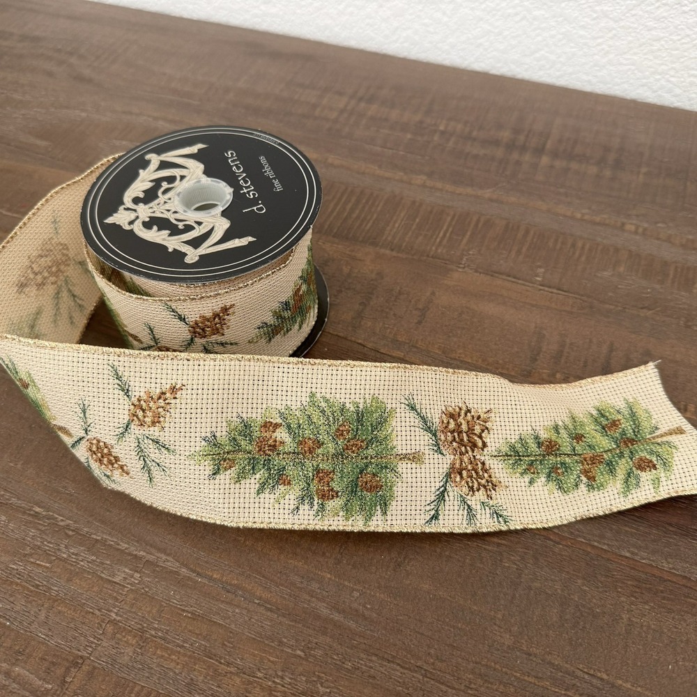 D. Stevens Wired Ribbon 2.5" Christmas Tree Pinecone Natural Metallic Gold Green - Picture 7 of 9